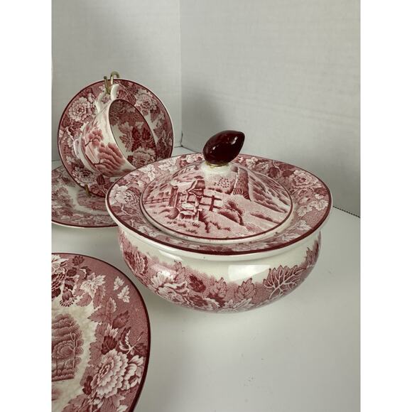 Wood & Sons English Scenery Pink Platter Sugar Bowl Tea Cups Lot Of 13 - Picture 4 of 12